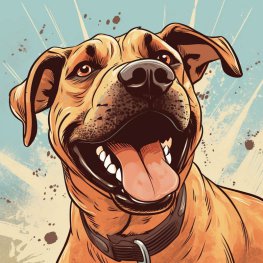 Ein Comic-Bild: ein großer brauner Hund mit dunkelbraunem Halsband