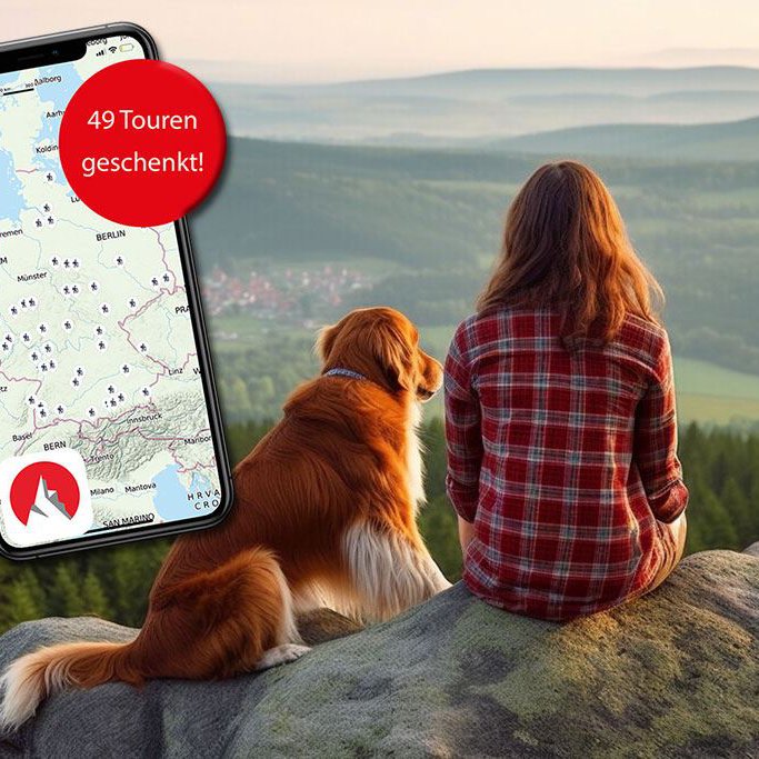 Eine Frau sitzt mit ihrem Hund auf einem Felsen. Beide sind von hinten fotografiert. Oben links ein Smartphone mit einem Screenshot einer Route und der Aufschrift "49 Touren geschenkt"