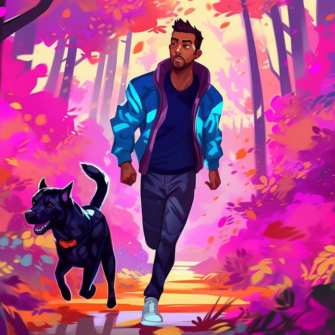 Farbenfrohes Bild eines jungen Mannes in Sportkleidung, der mit seinem Hund durch einen Wald joggt
