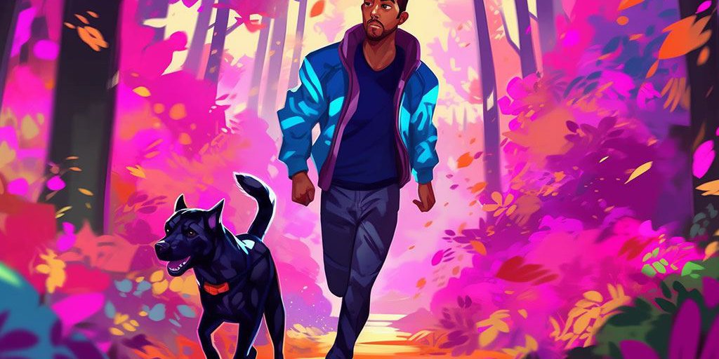 Farbenfrohes Bild eines jungen Mannes in Sportkleidung, der mit seinem Hund durch einen Wald joggt