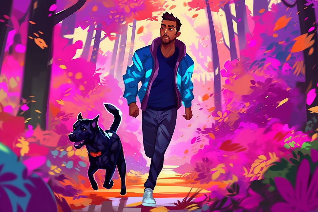 Farbenfrohes Bild eines jungen Mannes in Sportkleidung, der mit seinem Hund durch einen Wald joggt
