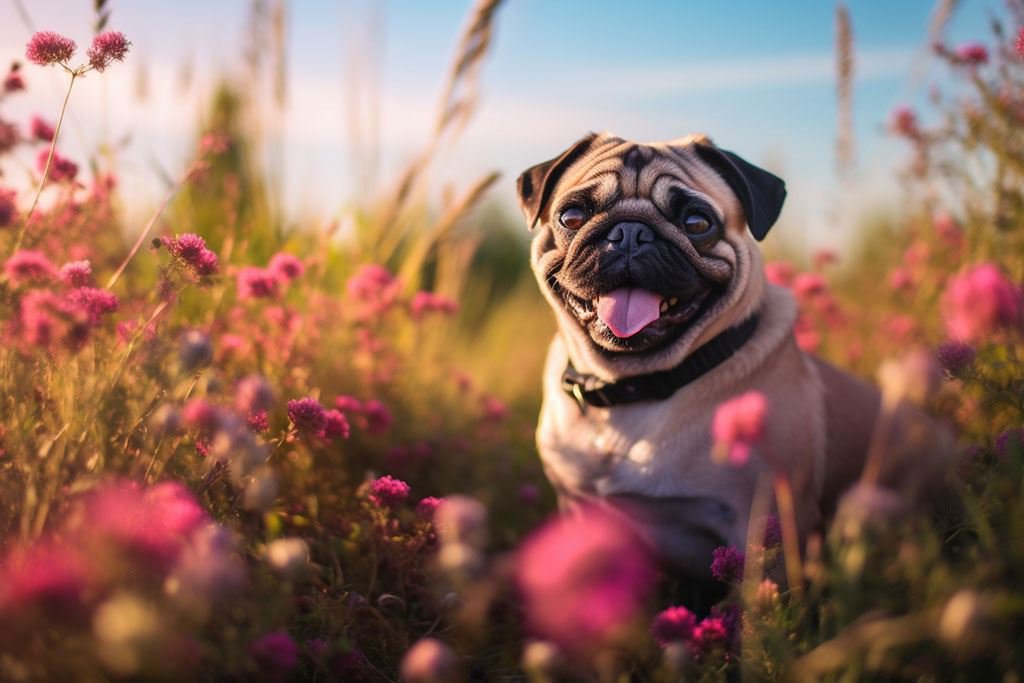 Ein Mops steht auf einer Sommerwiese und schaut in die Kamera