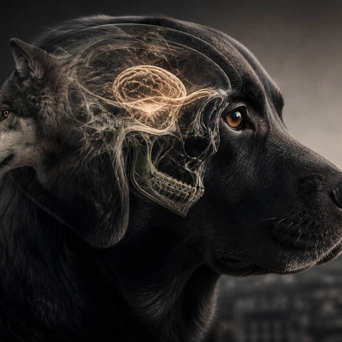 Symbolbild zur Entwicklung vom Wolf zum Haushund: Ein elegant inszenierter Hund vor Pariser Kulisse mit angedeuteter Schädel-, Gehirn- oder Wolfsmotiv-Ebene