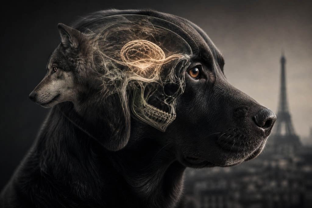 Symbolbild zur Entwicklung vom Wolf zum Haushund: Ein elegant inszenierter Hund vor Pariser Kulisse mit angedeuteter Schädel-, Gehirn- oder Wolfsmotiv-Ebene