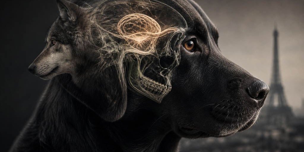 Symbolbild zur Entwicklung vom Wolf zum Haushund: Ein elegant inszenierter Hund vor Pariser Kulisse mit angedeuteter Schädel-, Gehirn- oder Wolfsmotiv-Ebene