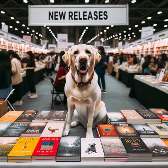 Ein Hund präsentiert neue Bücher auf einer Buchmesse, er sitzt auf dem Tisch, vor ihm viele Bücher