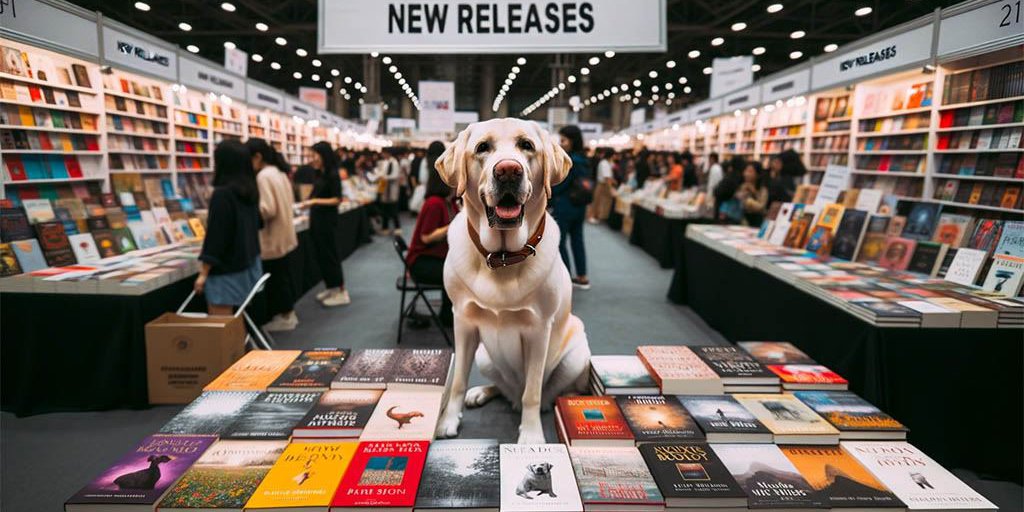 Ein Hund präsentiert neue Bücher auf einer Buchmesse, er sitzt auf dem Tisch, vor ihm viele Bücher