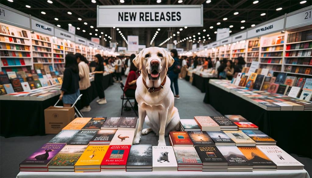 Ein Hund präsentiert neue Bücher auf einer Buchmesse, er sitzt auf dem Tisch, vor ihm viele Bücher