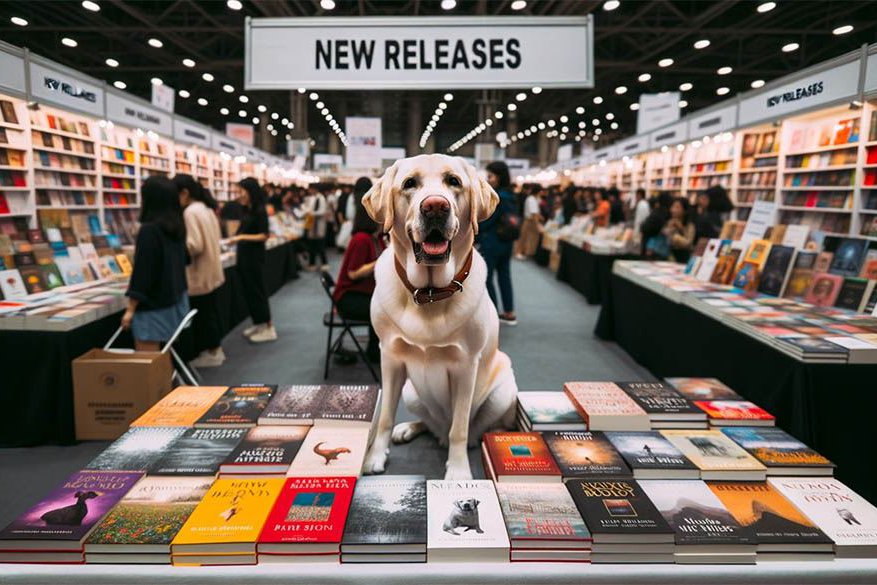 Ein Hund präsentiert neue Bücher auf einer Buchmesse, er sitzt auf dem Tisch, vor ihm viele Bücher
