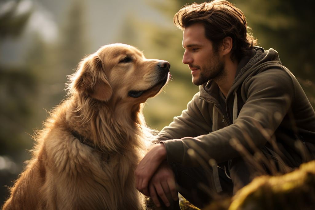 Golden Retriever und Mann in der Natur