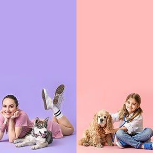 Set of people with their dogs on colorful background 