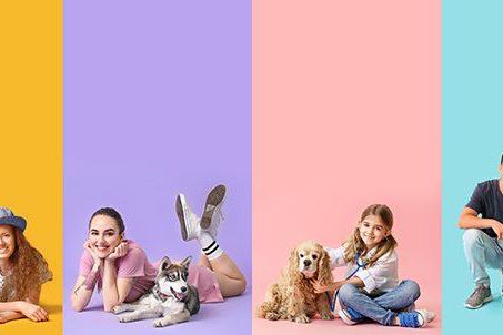 Set of people with their dogs on colorful background 