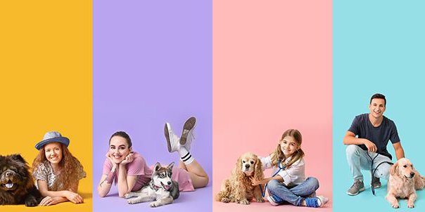 Set of people with their dogs on colorful background 