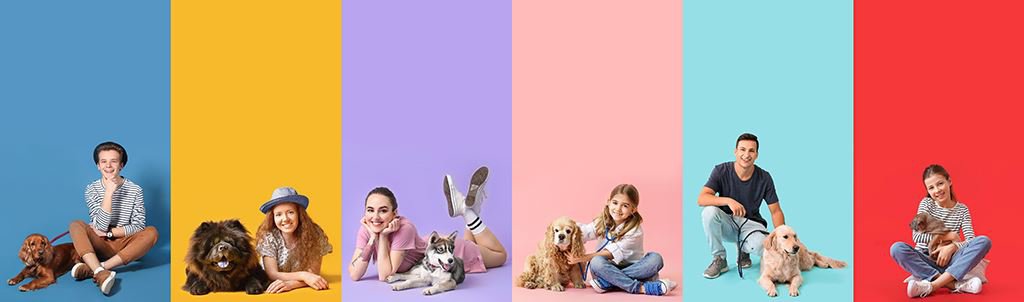 Set of people with their dogs on colorful background 