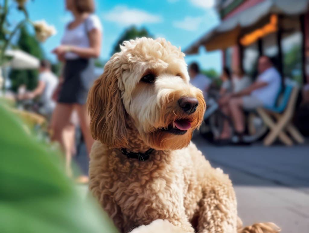 Ein heller Labradoodle liegt vor einem Eis-Cafe an einem warmen Sommertag