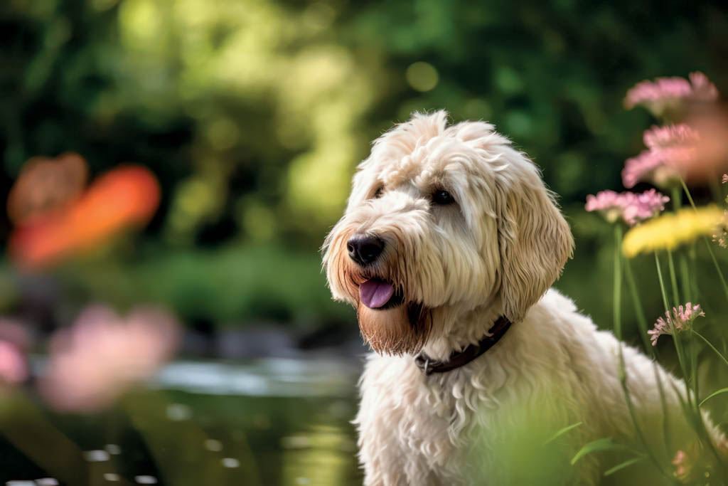 Ein heller Labradoodle an einem heißen Sommertag in der Natur, umgeben von Wasser und Gras