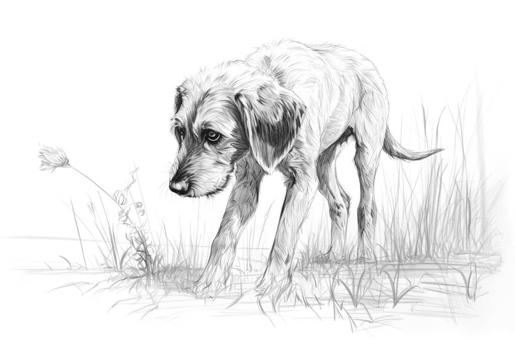 Pencil_drawing_of_a_dog_sniffing_in_nature_thin_black_MJ