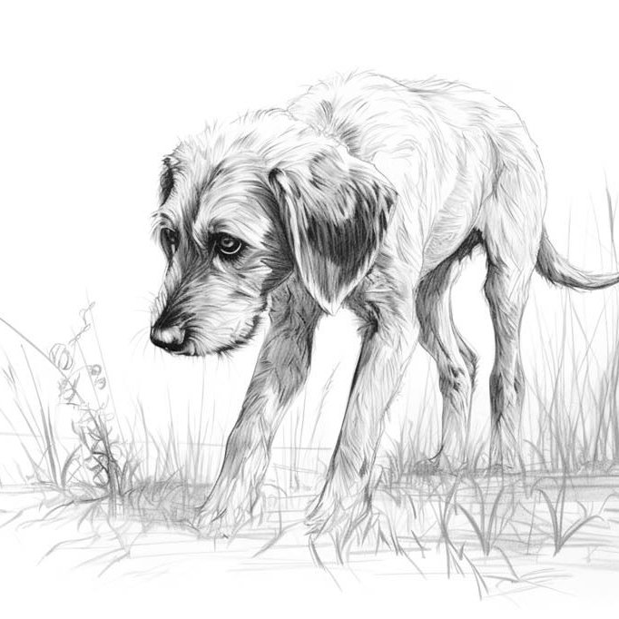 Pencil_drawing_of_a_dog_sniffing_in_nature_thin_black_MJ