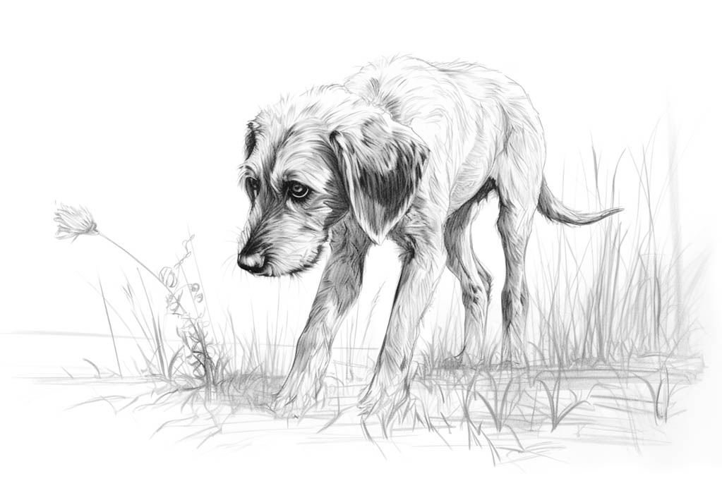 Pencil_drawing_of_a_dog_sniffing_in_nature_thin_black_MJ