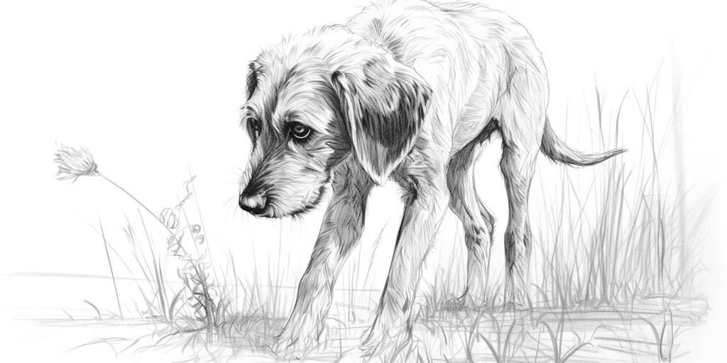 Pencil_drawing_of_a_dog_sniffing_in_nature_thin_black_MJ