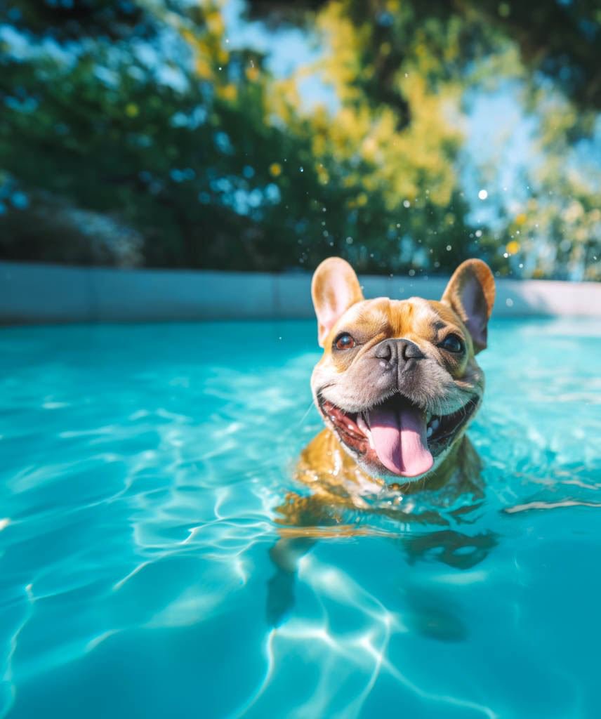 Eine französische Bulldogge schwimmt aufrecht in einem Pool mit azurblauem Wasser und schaut lächelnd in die Kamera