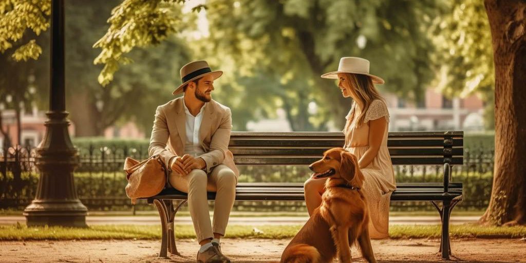 Ein Mann und eine Frau, beide schick und sommerlich gekleidet und mit jeweils einem Sommerhut auf dem Kopf, sitzen auf einer Parkbank an einem wunderschönen Sommertag. Vor ihr sitzt ein brauner Hund.