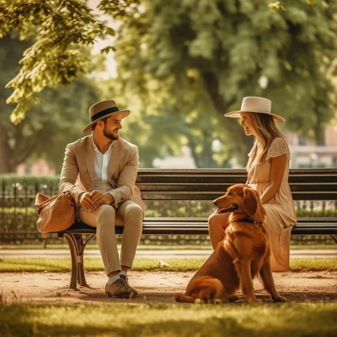 Ein Mann und eine Frau, beide schick und sommerlich gekleidet und mit jeweils einem Sommerhut auf dem Kopf, sitzen auf einer Parkbank an einem wunderschönen Sommertag. Vor ihr sitzt ein brauner Hund.