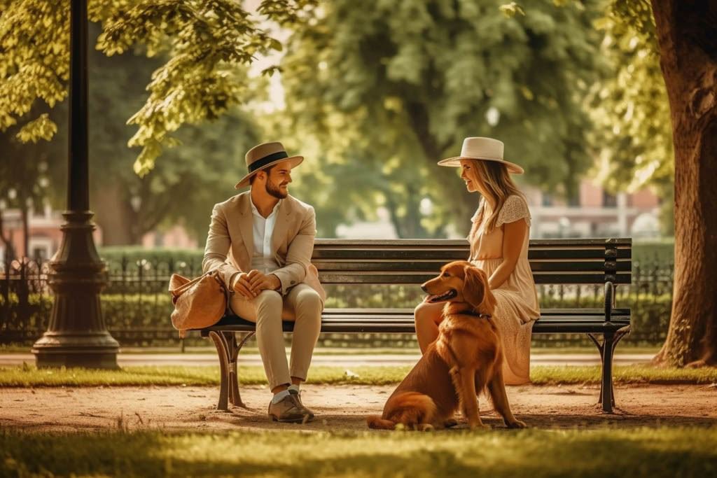 Ein Mann und eine Frau, beide schick und sommerlich gekleidet und mit jeweils einem Sommerhut auf dem Kopf, sitzen auf einer Parkbank an einem wunderschönen Sommertag. Vor ihr sitzt ein brauner Hund.