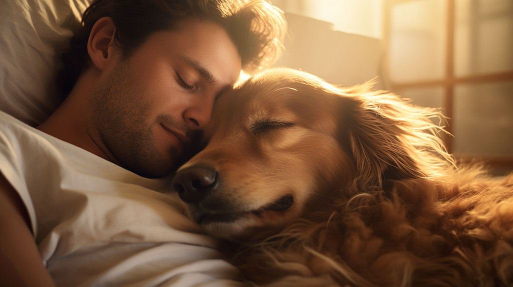 Entspanntes Duo: Mann und Hund kuscheln und schlafen 