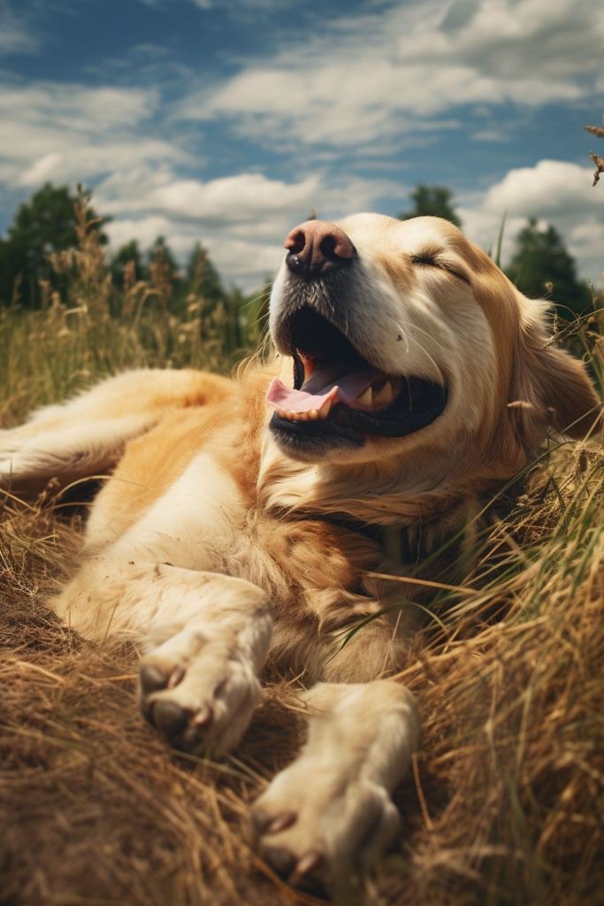 Entspannter, sich räkelnder Hund auf einer Wiese