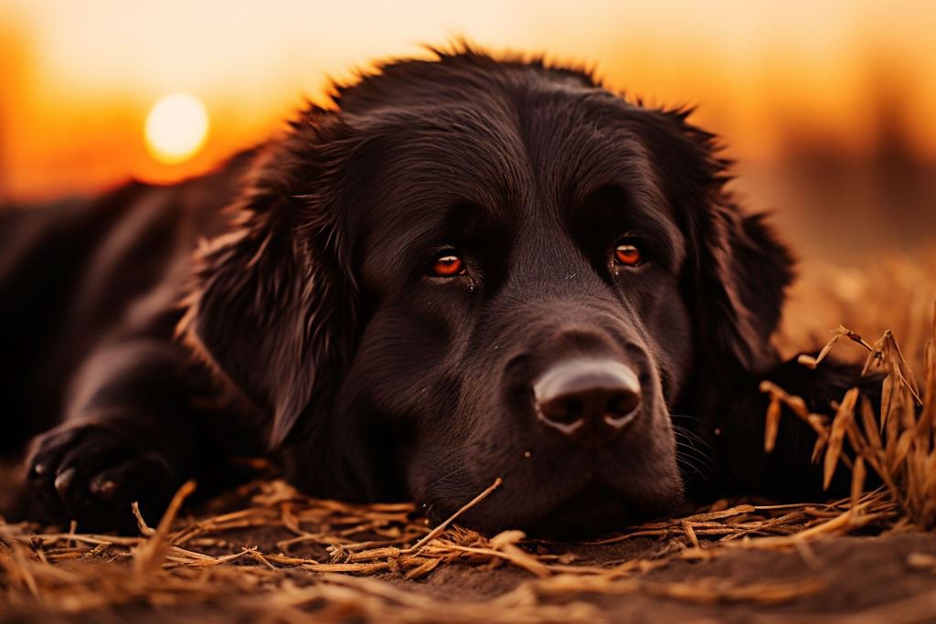 Großer schwarzer Hund liegt entspannt auf abgeerntetem Feld, Sonnenuntergang