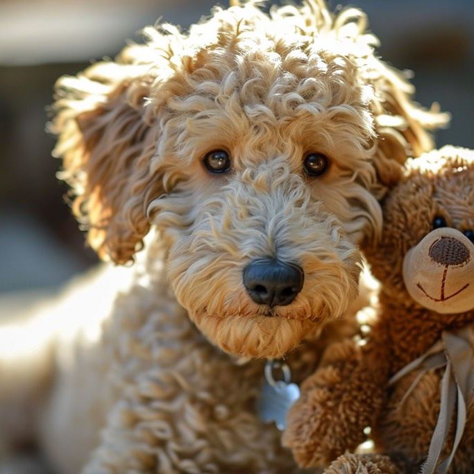 Ein hellbrauner Labradoodle liegt neben seinem Plüschteddy. Beide schauen in die Kamera