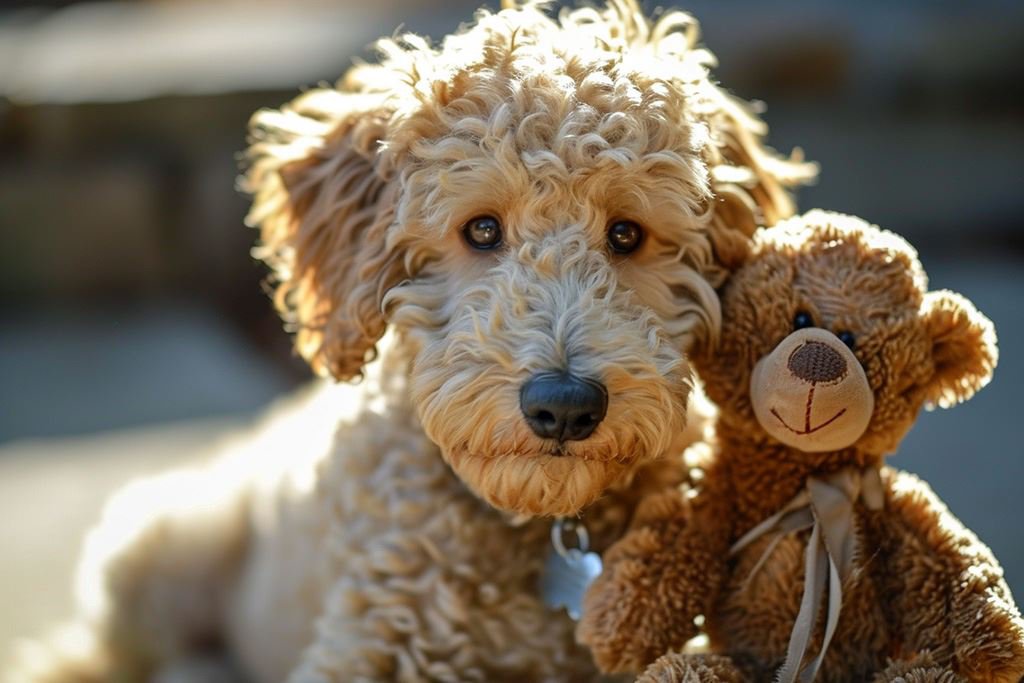 Ein hellbrauner Labradoodle liegt neben seinem Plüschteddy. Beide schauen in die Kamera