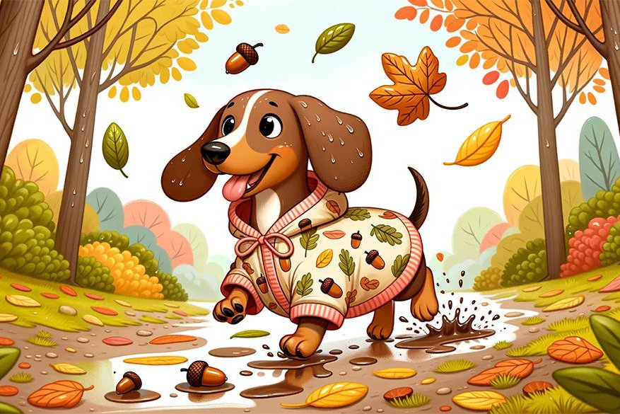 Illustration of a cheerful dachshund with a shiny wet coat, wearing a cute raincoat with a pattern of acorns and leaves