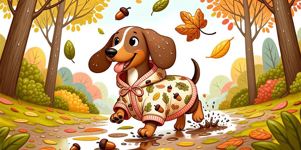 Illustration of a cheerful dachshund with a shiny wet coat, wearing a cute raincoat with a pattern of acorns and leaves