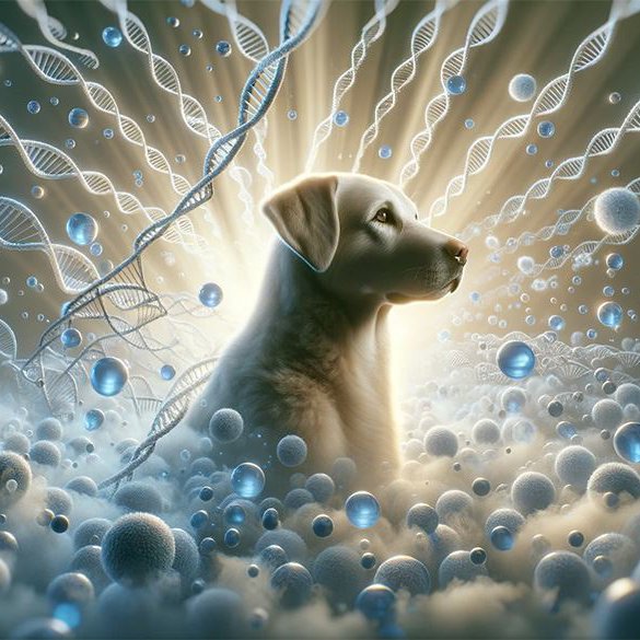 A dog surrounded by floating, glowing DNA sequences