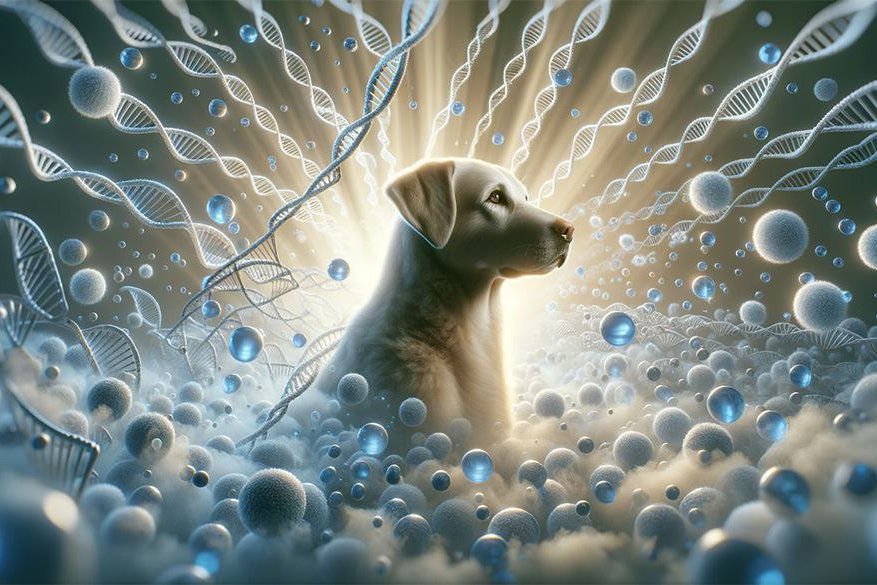 A dog surrounded by floating, glowing DNA sequences
