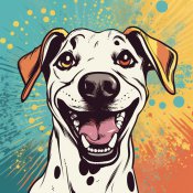 Ein Comic-Bild: ein lächelnder Hund schaut in die Kamera, er hat kurzes weißes Fell und braune Ohren.