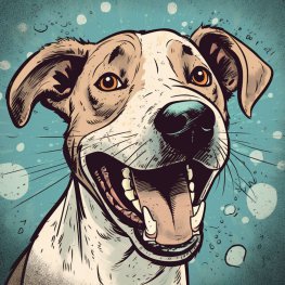 Ein Comic-Bild: ein lächelnder Hund schaut in die Kamera, er hat kurzes helles und hellbraunes Fell