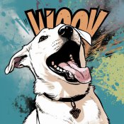 Ein Comic-Bild: ein Hund mit kurzem weißen Fell schaut nach oben; da´hinter der Schriftzug Woov