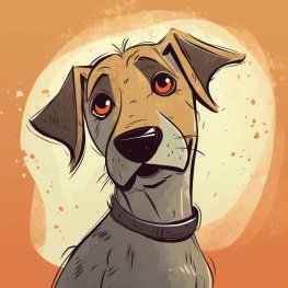 Ein Comic-Bild: ein brauner Hund mit großer schwarzer Schauze und braunem Halsband schaut eher traurig 