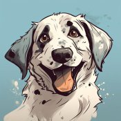 Ein Comic-Bild: ein lächelnder Hund schaut in die Kamera, er hat längeres weißes Fell