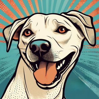 Ein Comic-Bild: ein lächelnder Hund mit kurzem weißen Fell