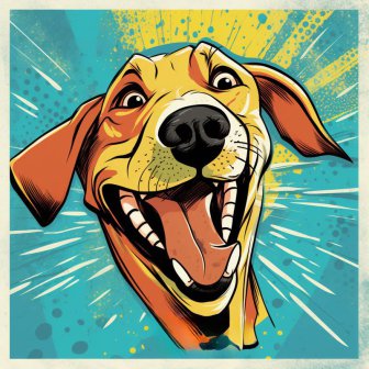 Ein Comic-Bild: ein lächelnder Hund mit braunem Fell schaut in die Kamera