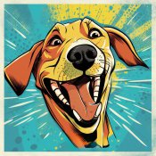 Ein Comic-Bild: ein lächelnder Hund mit braunem Fell schaut in die Kamera