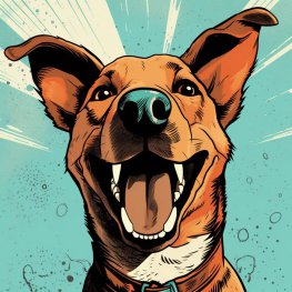 Ein Comic-Bild: ein lächelnder Hund schaut in die Kamera. Er hat braunes Fell und große Ohren