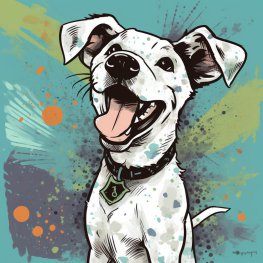 Ein Comic-Bild: ein lächelnder Hund schaut in die Kamera, er hat kurzes weißes Fell