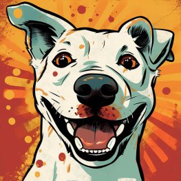 Ein Comic-Bild: ein lächelnder Hund schaut in die Kamera, er hat kurzes weißes Fell. Dahinter ein oranger Hintergrund