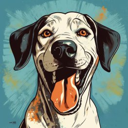 Ein Comic-Bild: ein Hund schaut in die Kamera, er hat kurzes weißes Fell und schwarze Ohren, die Zunge hängt heraus