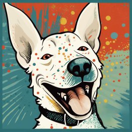 Ein Comic-Bild: ein lächelnder Hund schaut in die Kamera, er hat weißes Fell und lange, weiße Ohren. Auf dem Hund sind bute Punkte zu sehen
